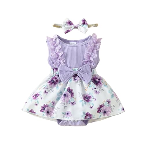 Kleinkind Baby Mädchen Strampler Kleid Rüschen Ärmellos Bodysuit Overall Blumen Tutu Rock Schleife Stirnband 2 Stücke Outfits Lila 6–9 Monate von Alunsito