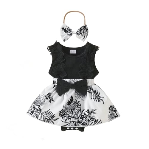 Kleinkind Baby Mädchen Strampler Kleid mit Schleife Stirnband Rüschen ärmellos Blumen-Schleife Rock Sommerkleid Sommer-Outfit Schwarz 0–3 Monate von Alunsito