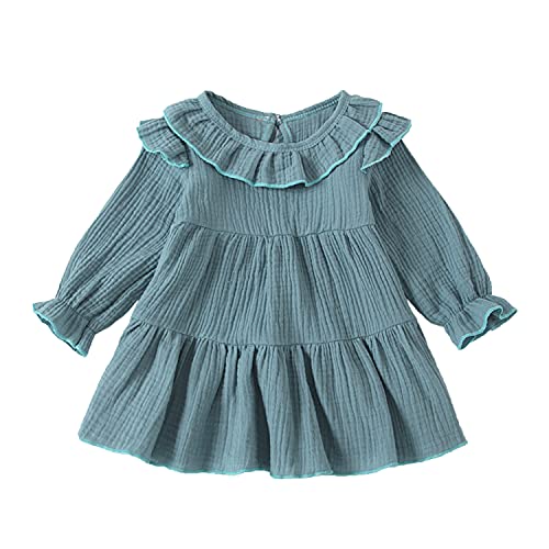 Kleinkind Kinder Baby Mädchen Festes Kleid Infant Rüschen Ärmel Strampler Kleid Mädchen Baumwolle Leinen Kleidung Outfit Blau 90 18-24 Monate von Alunsito