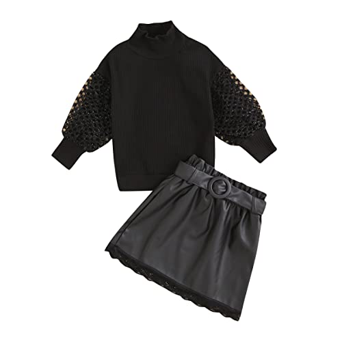 Kleinkind Kinder Baby Mädchen Kleidung Set Rollkragen Strick Langarm Pullover Tops A-Linie Leder Minirock 2 Stück Outfits Set Schwarz 110 3-4 Jahre von Alunsito