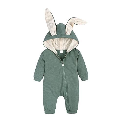 Neugeborenes Baby Junge Mädchen Strampler Baumwolle Niedlicher Hase Body Langarm Overall Reißverschluss Kapuzenpullover Spielanzug Kleinkind Hase Ostern Outfit, 90, Grün, 12-18 Monate von Alunsito