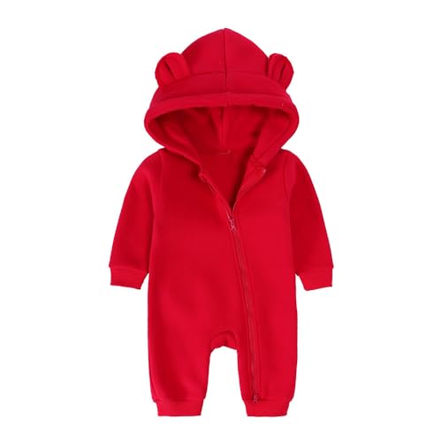 Neugeborenes Baby Jungen Mädchen Strampler Kleinkind Einteilig Einfarbig Outfits Langarm Bär Ohr Kapuze Jumpsuits Kleidung 73 Rot 6-9 Monate von Alunsito