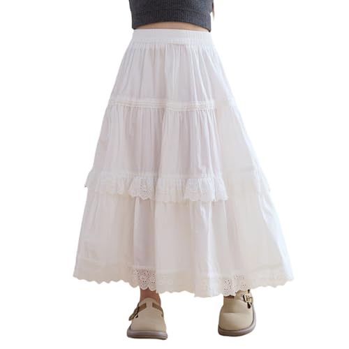 Röcke für Mädchen Stretch Taille A-Linie Swing Mittellang Mehrstufiger Faltenrock Mädchenröcke 160 Weiß 11-12 Jahre von Alunsito