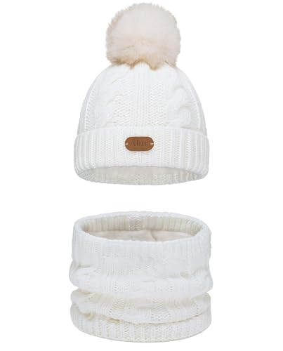 Alur Mütze Kinder Unisex Beanie mit Loop Schal Set Wintermütze Strickmütze mit Bommel - Warme Elastisch Elegant Winter Mütze Schal Eko Bommelmütze - Weiches Garn Stilvoll Warm (Creme) von Alur