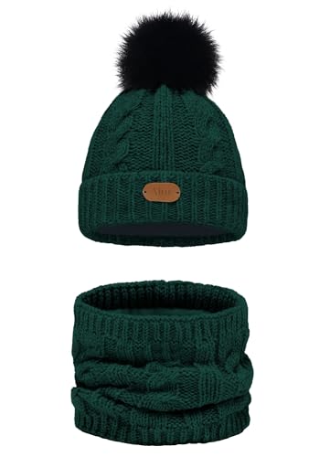 Alur Mütze Kinder Unisex Beanie mit Loop Schal Set Wintermütze Strickmütze mit Bommel - Warme Elastisch Elegant Winter Mütze Schal Eko Bommelmütze - Weiches Garn Stilvoll Warm (Flaschengrün) von Alur