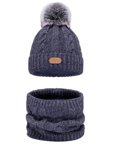 Alur Mütze Kinder Unisex Beanie mit Loop Schal Set Wintermütze Strickmütze mit Bommel - Warme Elastisch Elegant Winter Mütze Schal Eko Bommelmütze - Weiches Garn Stilvoll Warm (Graphit) von Alur