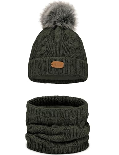 Alur Mütze Kinder Unisex Beanie mit Loop Schal Set Wintermütze Strickmütze mit Bommel - Warme Elastisch Elegant Winter Mütze Schal Eko Bommelmütze - Weiches Garn Stilvoll Warm (Khaki) von Alur