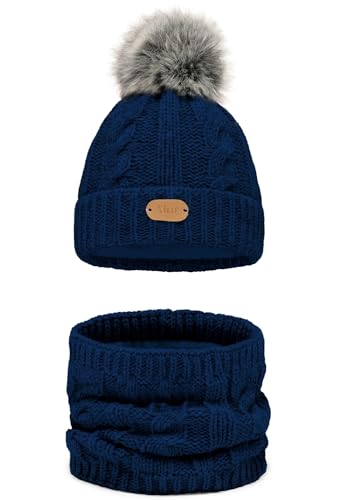 Alur Mütze Kinder Unisex Beanie mit Loop Schal Set Wintermütze Strickmütze mit Bommel - Warme Elastisch Elegant Winter Mütze Schal Eko Bommelmütze - Weiches Garn Stilvoll Warm (Marine) von Alur