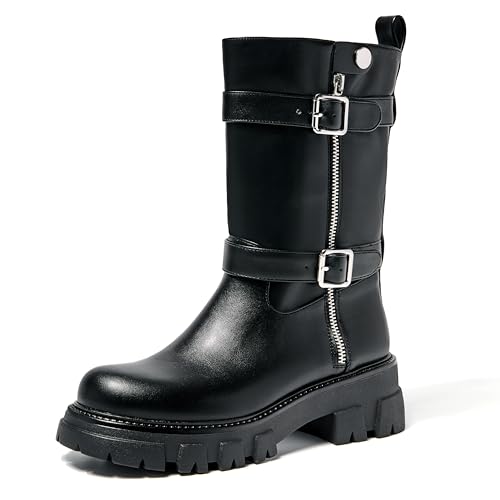 AlureAbys Damen Combat Boots Chunky Platform Mid Calf Boots Ankle Buckle Biker Boots Round Toe Motorcycle Moto Bootie, Schwarz, 39 EU von AlureAbys
