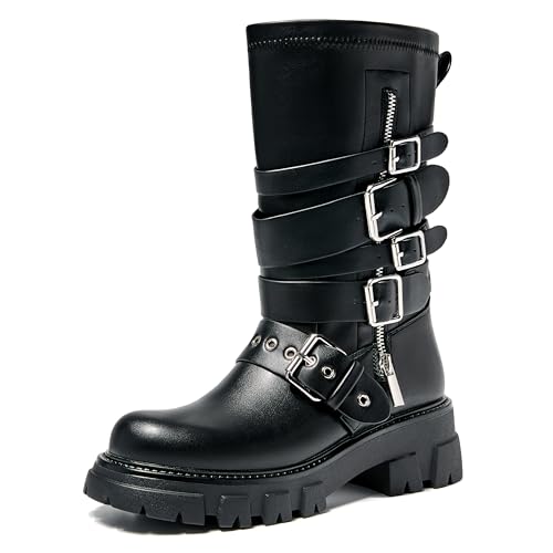 AlureAbys Damen Kampfstiefel mit mittlerer Wadenschnalle, niedriger klobiger Absatz, Motorradstiefel, Bikerstiefel, Schwarz von AlureAbys