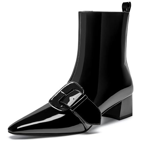 AlureAbys Damen-Stiefeletten, klobiger Absatz, spitzer Zehenbereich, Lackstiefel, Schnalle, seitlicher Reißverschluss, niedriger Blockabsatz, modische Anzugschuhe, Schwarz, 37.5 EU von AlureAbys
