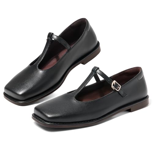 AlureAbys Damen's Flachs Squre Toe Spangenpumps Flachs Klassischer Gemütlich T Riemen Schnalle Ballet Schuhe Business Casual Arbeit Buro von AlureAbys