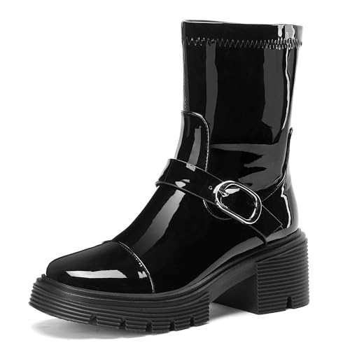 AlureAbys Damen's Wadenhoch Stiefel Runde Zehen Chunky Heel Plateau Schnalle Knöchel Stiefel Trendy Ohne Verschluss Moto Combat Stiefelettens AlureAbys Damen's Wadenhoch Stiefel Runde Zehen Chunky Heel Plateau Schnalle Knöchel Stiefel Trendy Ohne Verschluss Moto Combat Stiefelettens von AlureAbys