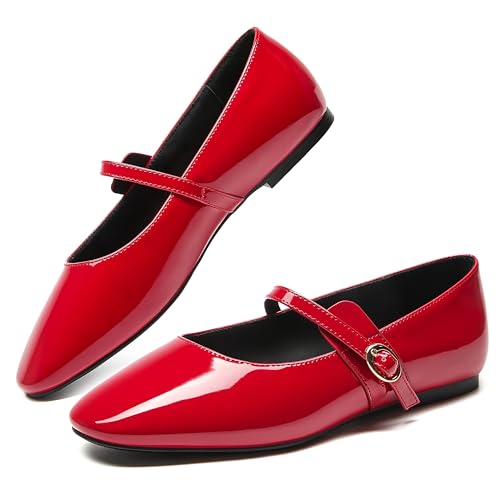 AlureAbys Mary Jane Ballerinas für Damen, bequeme runde Zehenpartie, rote Ballerinas, Schnalle, Slipper, elegante Schuhe, lässig, Büro, Party, Rot/Ausflug, einfarbig (Getaway Solids), 37.5 EU von AlureAbys