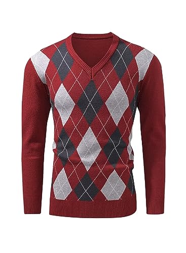 AlvaQ Argyle Pullover Herren Rot Strickpullover Herren Retro V Ausschnitt Pullover Herren Herbst und Winter Sweater M von AlvaQ