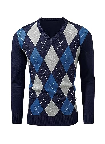 AlvaQ Argyle Pullover Herren Strickpullover Blau Herren Retro V Ausschnitt Pullover Herren Herbst und Winter Sweater L von AlvaQ