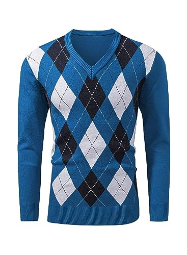 AlvaQ Argyle Pullover Herren Strickpullover Blau Herren Retro V Ausschnitt Pullover Herren Herbst und Winter Sweater L von AlvaQ