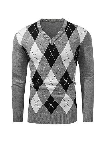 AlvaQ Argyle Pullover Herren Strickpullover Herren Grau Retro V Ausschnitt Pullover Herren Herbst und Winter Sweater L von AlvaQ