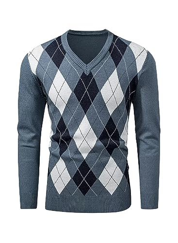 AlvaQ Argyle Pullover Herren Strickpullover Herren Grau Retro V Ausschnitt Pullover Herren Herbst und Winter Sweater L von AlvaQ