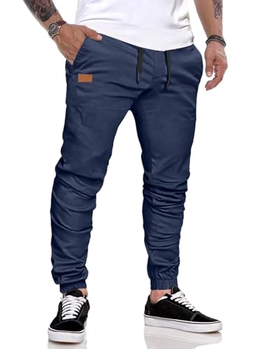 AlvaQ Chino Hose Herren Freizeithose Baumwolle Cargohose Herren Hose Jogginghose mit Kordelzug Casual Hose Sweatpants Herren mit Taschen Blau S von AlvaQ