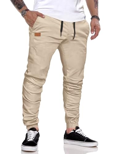 AlvaQ Chino Hose Herren Freizeithose Baumwolle Cargohose Herren Jogginghose mit Kordelzug Casual Hose mit Taschen Aprikose M von AlvaQ