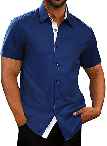 AlvaQ Hemd Herren Kurzarm Businesshemden Für Herren Freizeithemd Faltenfreies Kurzarmhemd Farbkontrast Sommerhemd Blau L von AlvaQ