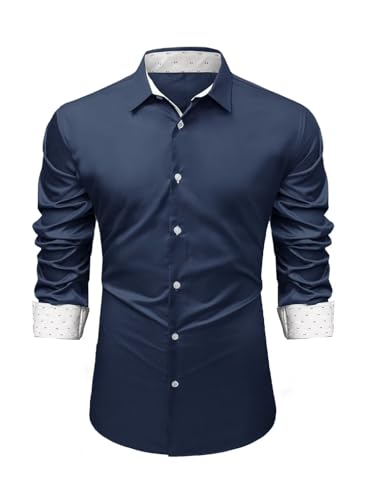AlvaQ Hemd Herren Langarm Kontrastkragen Businesshemden Einfarbige Freizeithemden Für Herren Regular Fit Blau L von AlvaQ
