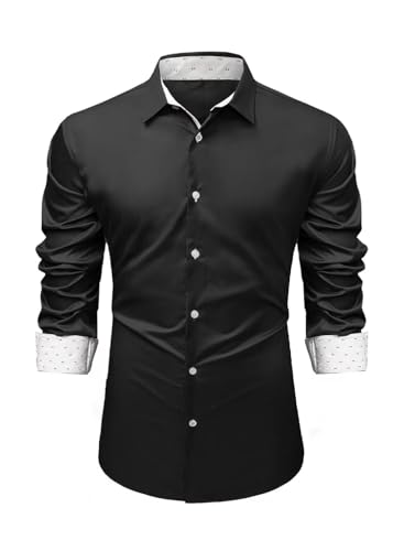 AlvaQ Hemd Herren Langarm Kontrastkragen Businesshemden Einfarbige Freizeithemden Für Herren Regular Fit Schwarz L von AlvaQ