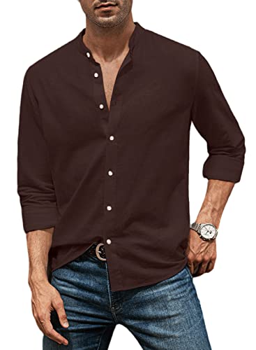 AlvaQ Leinenhemd Herren Hemd Herren Langarmhemd Baumwolle Freizeithemd Einfarbiges Sommerhemd Casual Regular Fit Braun M von AlvaQ