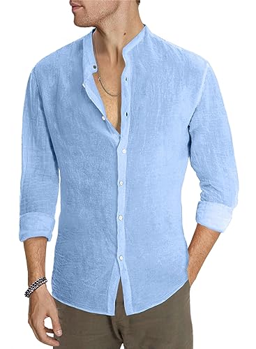 AlvaQ Hemd Herren Leinenhemd Herren Langarmhemd Baumwolle Freizeithemd Einfarbiges Sommerhemd Casual Regular Fit Blau L von AlvaQ