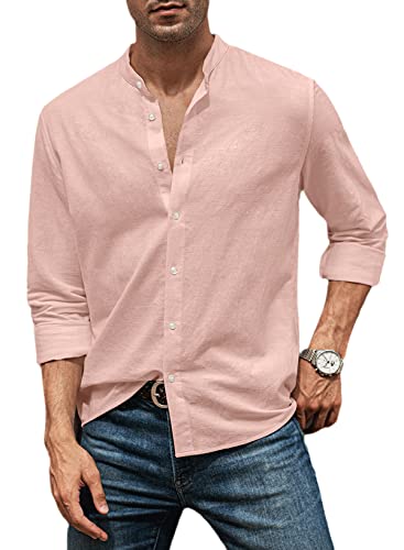 AlvaQ Hemd Herren Leinenhemd Herren Langarmhemd Baumwolle Freizeithemd Einfarbiges Sommerhemd Casual Regular Fit Rosa M von AlvaQ