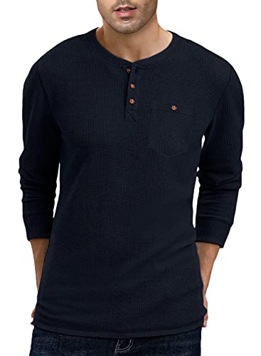 AlvaQ Langarmshirt Herren Thermo Pullover Herren Waffle Baumwolle Henley Shirt Long Sleeve Knopf Hemden Casual Blau L von AlvaQ