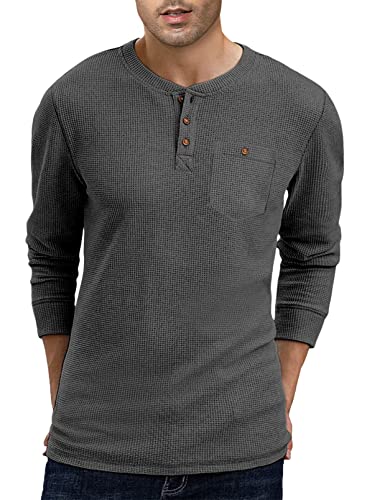 AlvaQ Langarmshirt Herren Pullover Herren Waffle Baumwolle Henley Shirt Long Sleeves Knopf Hemden Casual Dunkelgrau M von AlvaQ