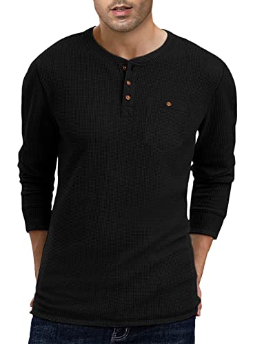 AlvaQ Langarmshirt Herren Thermo Pullover Herren Waffle Baumwolle Henley Shirt Long Sleeve Knopf Hemden Casual Schwarz M von AlvaQ