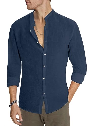 AlvaQ Leinenhemd Herren Hemd Herren Langarmhemd Baumwolle Freizeithemd Einfarbiges Sommerhemd Casual Regular Fit Blau L von AlvaQ