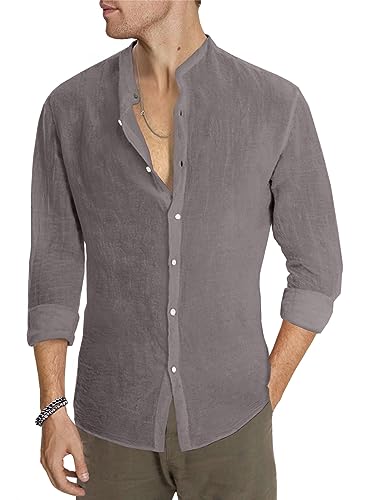 AlvaQ Leinenhemd Herren Hemd Herren Langarmhemd Baumwolle Freizeithemd Einfarbiges Sommerhemd Casual Regular Fit Grau XL von AlvaQ