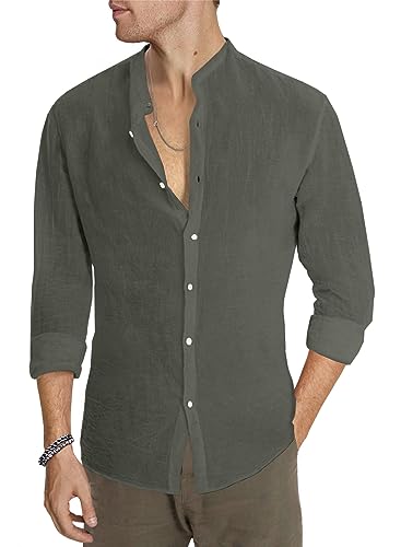 AlvaQ Hemd Herren Leinenhemd Herren Langarmhemd Baumwolle Freizeithemd Einfarbiges Sommerhemd Casual Regular Fit Grün XXL von AlvaQ