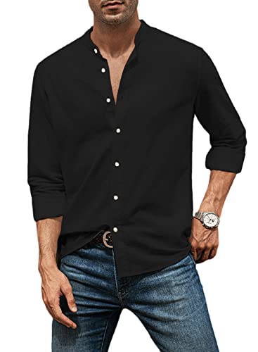 AlvaQ Leinenhemd Herren Hemd Herren Langarmhemd Baumwolle Freizeithemd Einfarbiges Sommerhemd Casual Regular Fit Schwarz L von AlvaQ