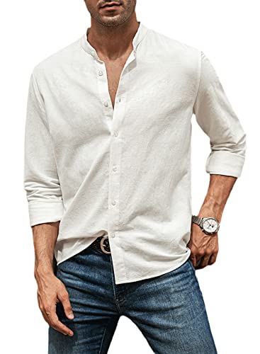 AlvaQ Hemd Herren Leinenhemd Herren Langarmhemd Baumwolle Freizeithemd Einfarbiges Sommerhemd Casual Regular Fit Weiß XL von AlvaQ