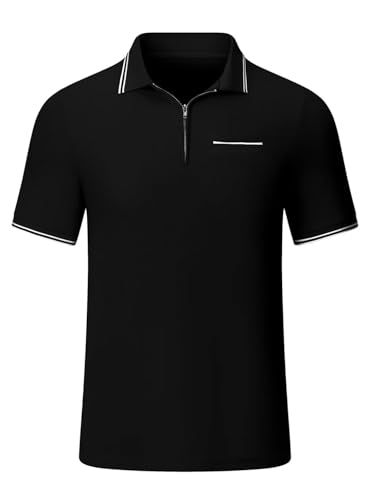 AlvaQ Poloshirt Herren Baumwolle Golf Polo Viertelreißverschluss Shirt Kontrastierende Ärmelbündchen Gestricktes Polo Shirt von AlvaQ