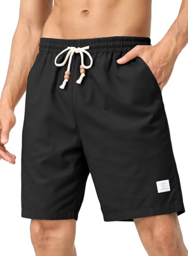 AlvaQ Schwarz Kurze Hosen Herren Leinen Shorts Herren Herrenshorts aus Leinenmaterial Sportshorts Kurz Hosen mit Taschen 32 von AlvaQ