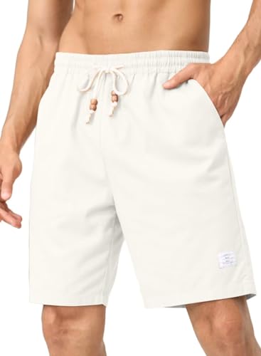 AlvaQ Weiß Kurze Hosen Herren Leinen Shorts Herren Herrenshorts aus Leinenmaterial Sportshorts Kurz Hosen mit Taschen 32 von AlvaQ