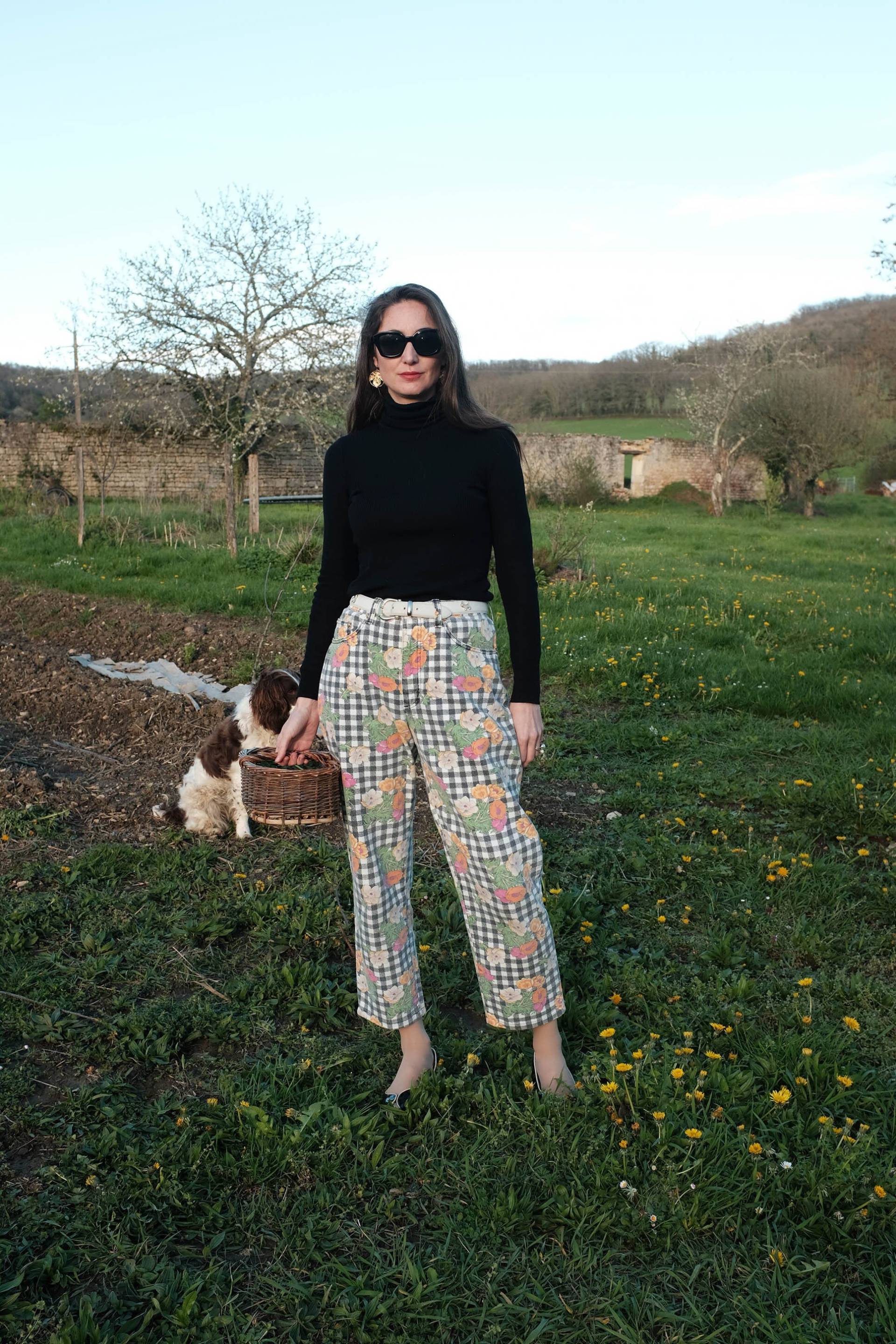 Hose, Gemusterte Jeans, Schwarze Karos Und Blumendruck, Vintage Ungaro Ende Der 80Er Jahre von AlvaVintageFashion