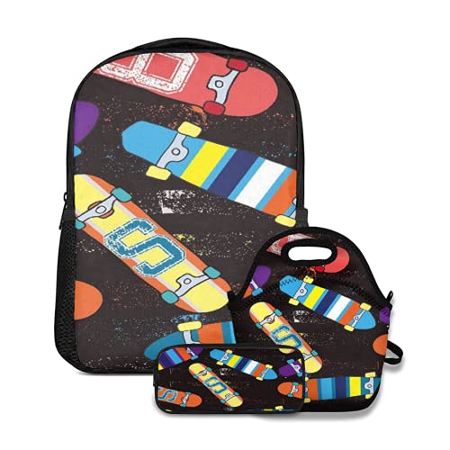 Schulrucksack-Set, Skateboard mit hellem abstraktem Muster mit Skateboard, mit Lunchtasche und Federmäppchen für Mädchen, Jungen, Teenager, niedliche Schultasche, wasserdichte Büchertasche von Alvaradod