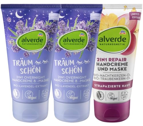 Alverde 3er-Set Handpflege: TRÄUM SCHÖN 2in1 OVERNIGHT HANDCREME & Handmaske Lavendel Nachtcreme für trockene Hände (2x 75 ml) + REPAIR 2in1 HANDCREME & Handmaske für strapazierte Haut (75 ml), 225 ml von Alverde