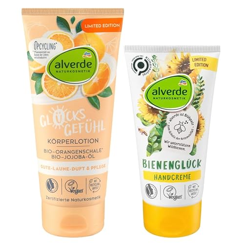 Alverde NATURKOSMETIK 2er-Set Hautpflege: Körperlotion GLÜCKSGEFÜHL beruhigende Bodylotion mit Orangenschale & Jojoba-Öl, 200 ml + Handcreme BIENENGLÜCK Feuchtigkeitspflege m. Olivenöl, 75 ml (275 ml) von Alverde