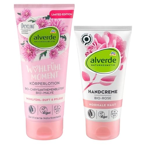 Alverde NATURKOSMETIK 2er-Set Hautpflege: Körperlotion WOHLFÜHLMOMENT Bodylotion feuchtigkeitsspendend mit Chrysanthemenblüten Malve (200 ml) + Handcreme ROSE mit Rosenblüten-Extrakt (75 ml), 275 ml von Alverde