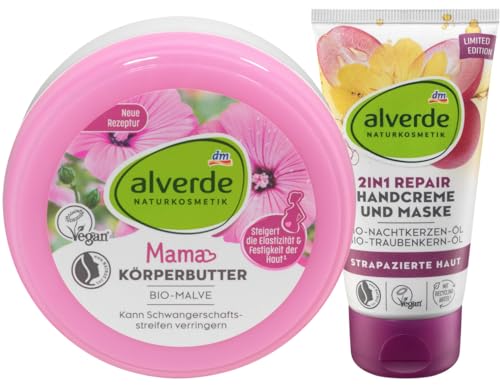 Alverde NATURKOSMETIK 2er-Set Körperpflege: MAMA KÖRPERBUTTER Bio-Malve Hautpflege während & nach der Schwangerschaft (200 ml) + 2in1 REPAIR HANDCREME Handmaske für strapazierte Haut (75 ml), 275 ml von Alverde