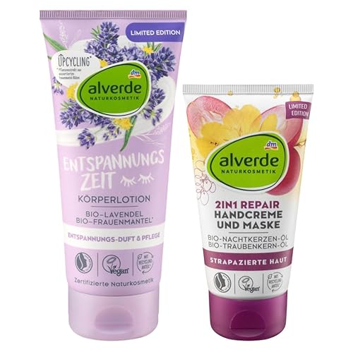 Alverde NATURKOSMETIK 2er-Set: Körperlotion ENTSPANNUNGSZEIT beruhigende Bodylotion mit Lavendel (200 ml) + 2in1 REPAIR Handcreme & Handmaske für strapazierte Haut mit Nachtkerzenöl (75 ml), 275 ml von Alverde