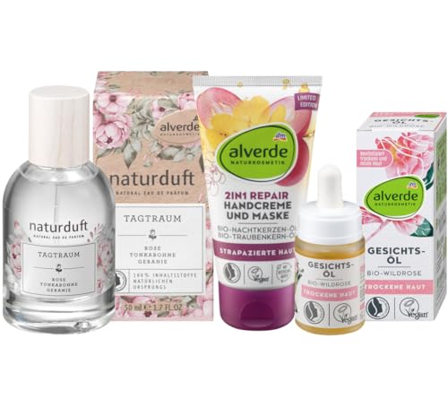 Alverde NATURKOSMETIK 3er-Set Hautpflege: Eau de Parfum TAGTRAUM Naturparfum mit Duftessenzen 100% natürlichen Ursprungs (50 ml) + Handcreme 2in1 REPAIR (75 ml) + Gesichtsöl WILDROSE (15 ml), 140 ml von Alverde